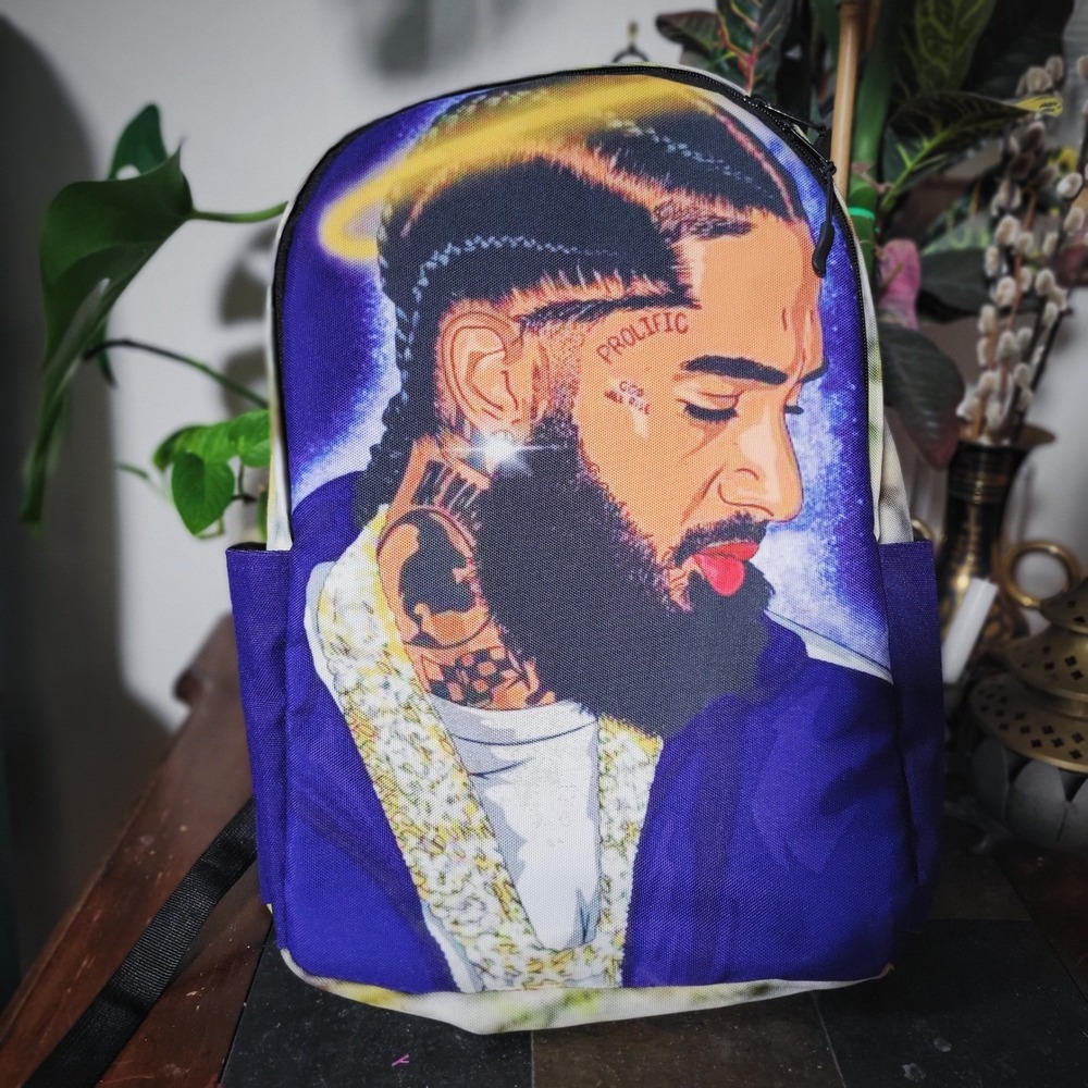 Nipsey Hussle Backpack Prolific Portrait Blue Graphic Bookbag Marathon Continues